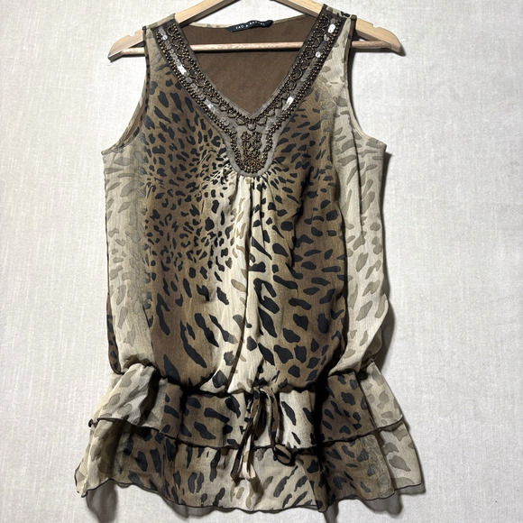Zac Rachel Sleeveless Tunic Leopard Animal Print Beaded Sequin Ruffle Sz Medium - Picture 1 of 8